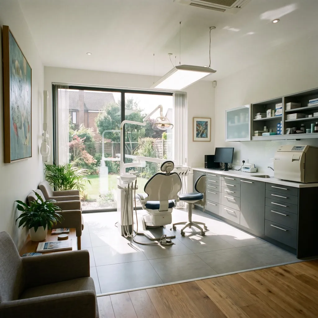 Sillón dental junto a un ventanal con jardín